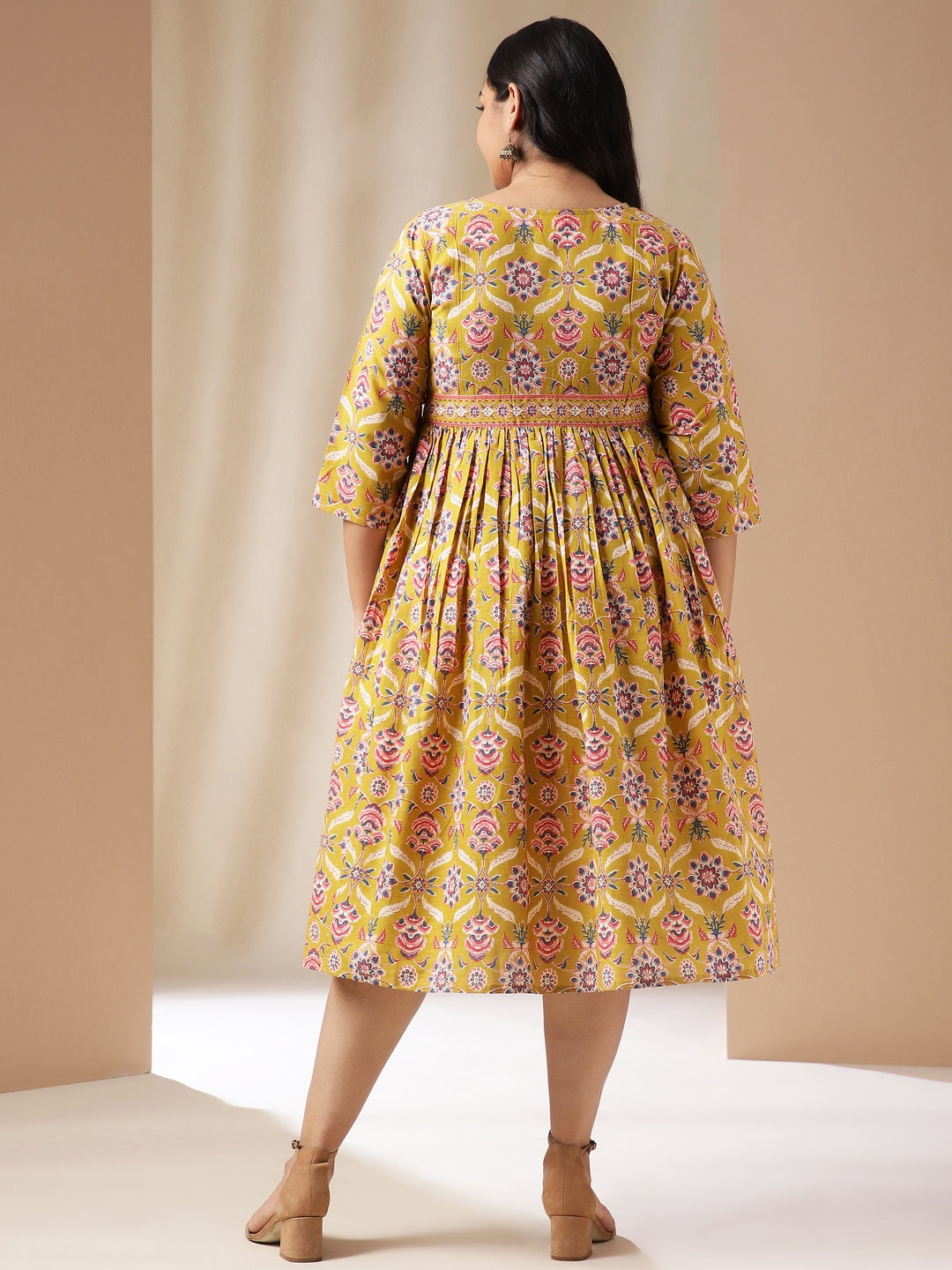 Janasya Gathered Cotton Mustard Floral V-Neck Dress | Swadesiicart