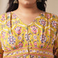 Janasya Gathered Cotton Mustard Floral V-Neck Dress | Swadesiicart