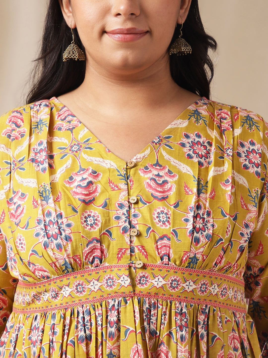 Janasya Gathered Cotton Mustard Floral V-Neck Dress | Swadesiicart
