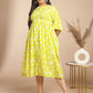 Janasya Gathering Cambric Lime Floral Round Neck Dress | Swadesiicart