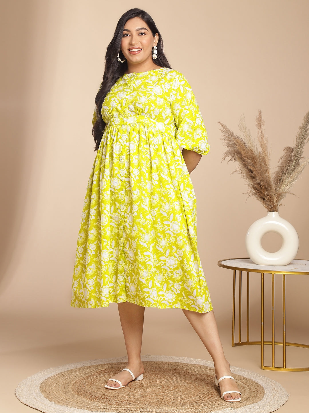 Janasya Gathering Cambric Lime Floral Round Neck Dress | Swadesiicart