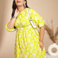 Janasya Gathering Cambric Lime Floral Round Neck Dress | Swadesiicart