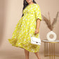 Janasya Gathering Cambric Lime Floral Round Neck Dress | Swadesiicart