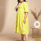 Janasya Gathering Cambric Lime Floral Round Neck Dress | Swadesiicart