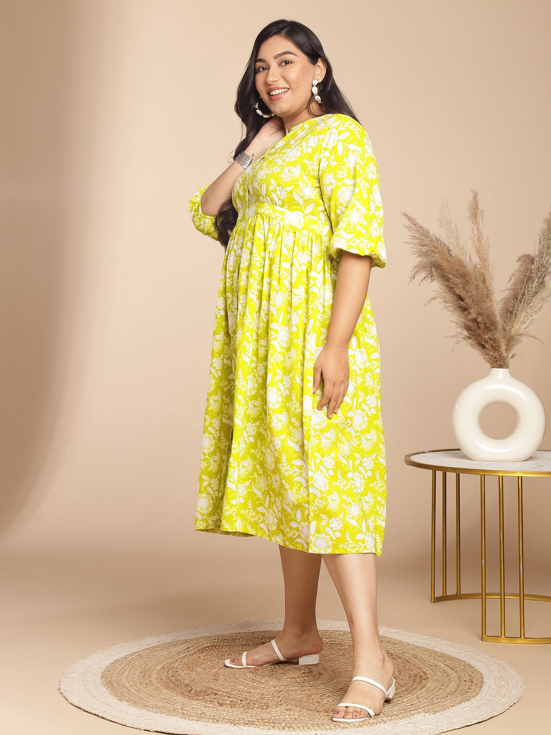 Janasya Gathering Cambric Lime Floral Round Neck Dress | Swadesiicart