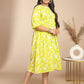 Janasya Gathering Cambric Lime Floral Round Neck Dress | Swadesiicart