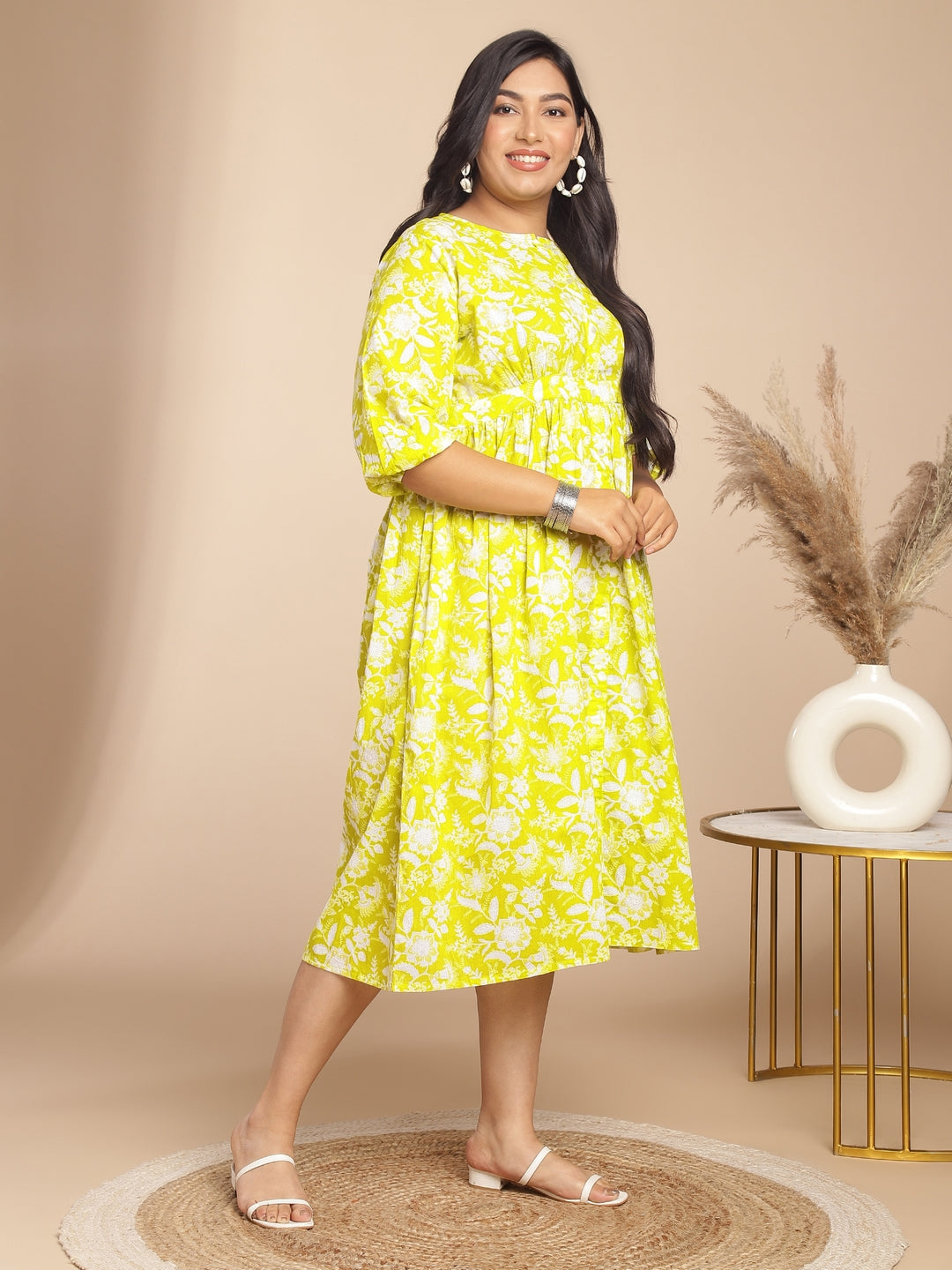 Janasya Gathering Cambric Lime Floral Round Neck Dress | Swadesiicart