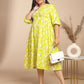 Janasya Gathering Cambric Lime Floral Round Neck Dress | Swadesiicart
