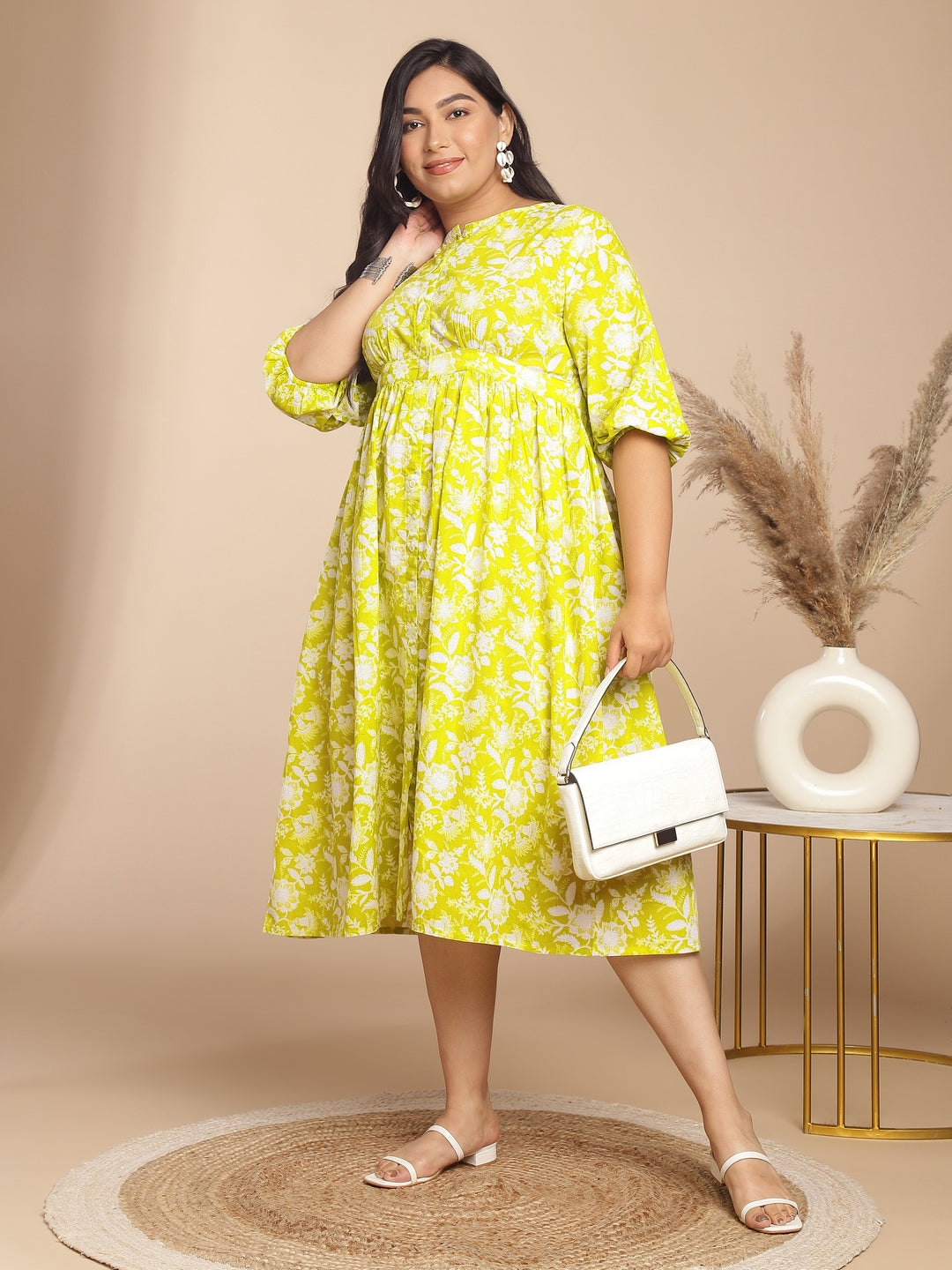 Janasya Gathering Cambric Lime Floral Round Neck Dress | Swadesiicart