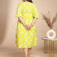 Janasya Gathering Cambric Lime Floral Round Neck Dress | Swadesiicart