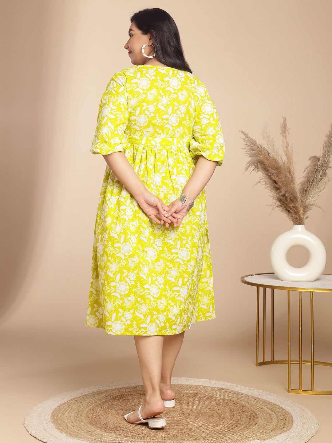 Janasya Gathering Cambric Lime Floral Round Neck Dress | Swadesiicart