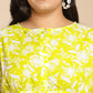 Janasya Gathering Cambric Lime Floral Round Neck Dress | Swadesiicart