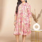 Janasya Gathered Cambric Pink Abstract Band Collar Dress | Swadesiicart