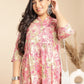 Janasya Gathered Cambric Pink Abstract Band Collar Dress | Swadesiicart