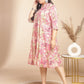 Janasya Gathered Cambric Pink Abstract Band Collar Dress | Swadesiicart