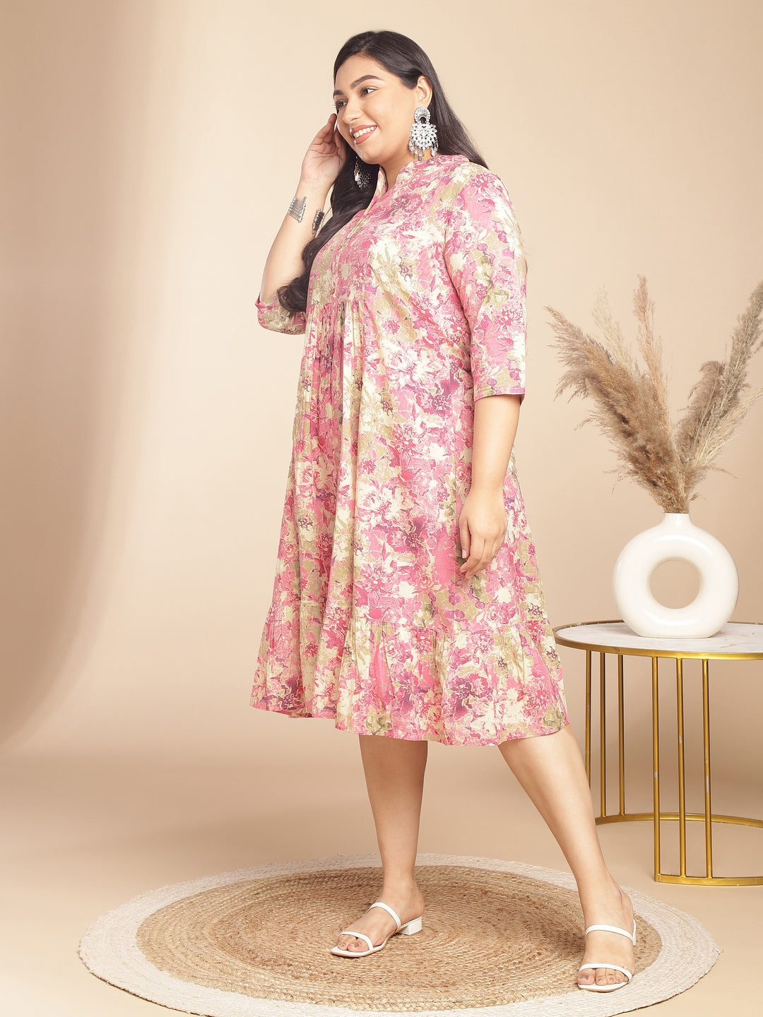 Janasya Gathered Cambric Pink Abstract Band Collar Dress | Swadesiicart