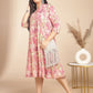 Janasya Gathered Cambric Pink Abstract Band Collar Dress | Swadesiicart