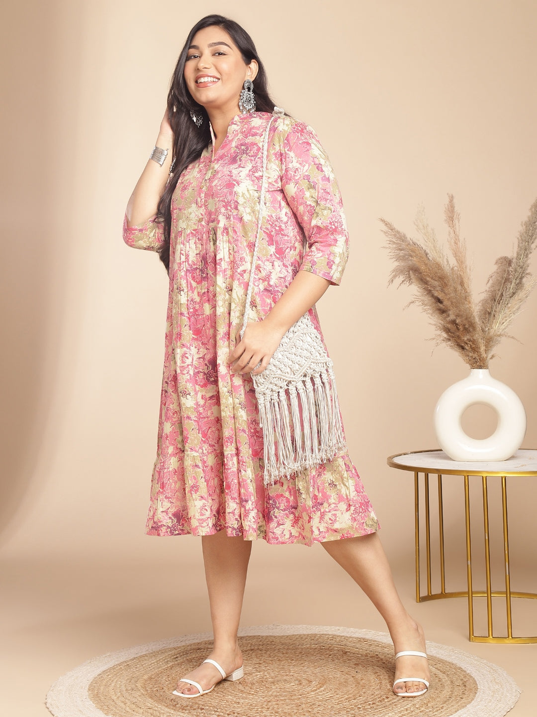 Janasya Gathered Cambric Pink Abstract Band Collar Dress | Swadesiicart