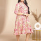 Janasya Gathered Cambric Pink Abstract Band Collar Dress | Swadesiicart