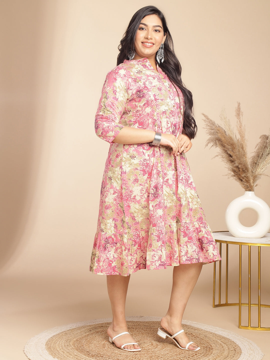 Janasya Gathered Cambric Pink Abstract Band Collar Dress | Swadesiicart