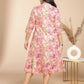 Janasya Gathered Cambric Pink Abstract Band Collar Dress | Swadesiicart
