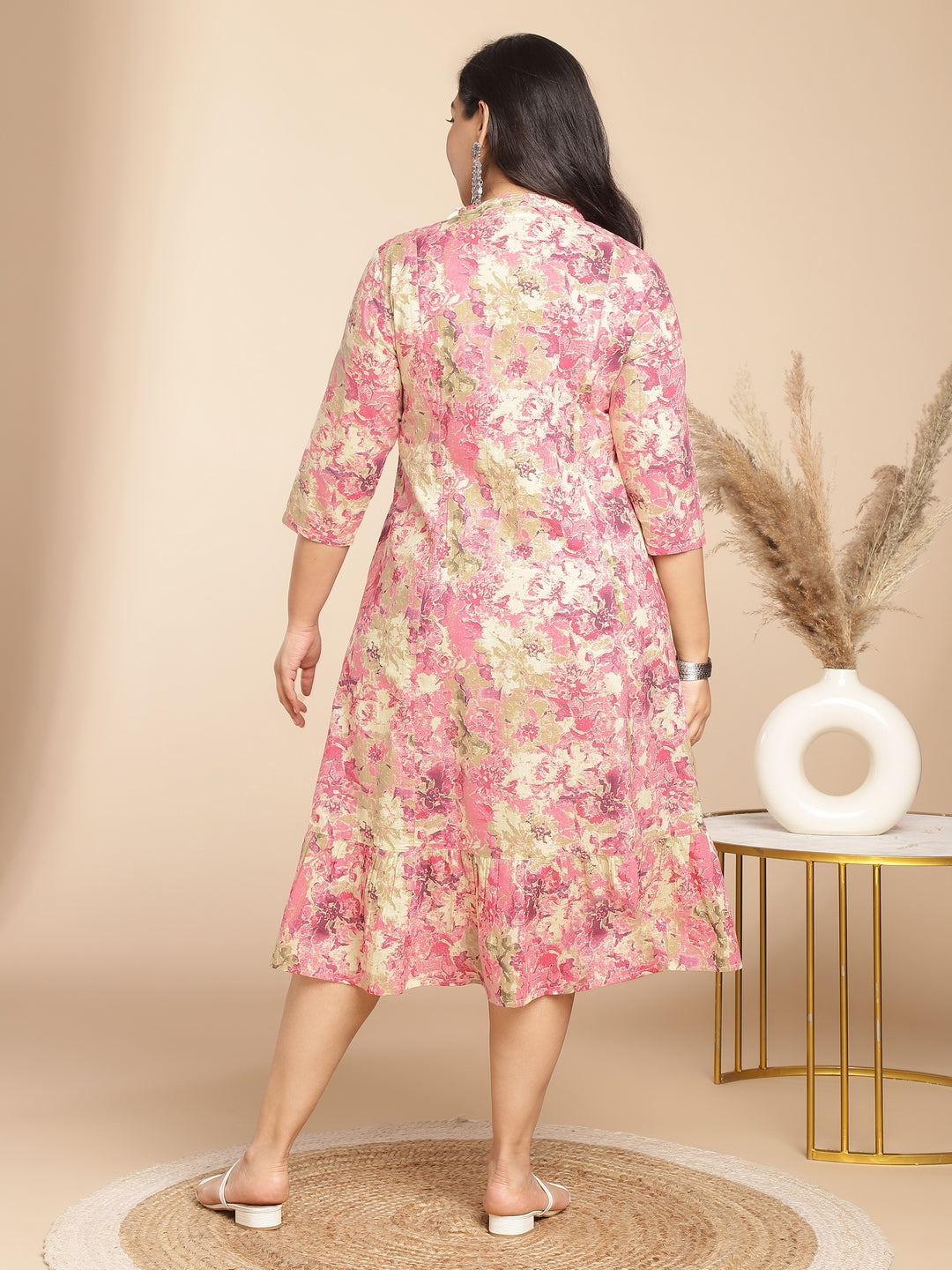 Janasya Gathered Cambric Pink Abstract Band Collar Dress | Swadesiicart