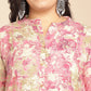 Janasya Gathered Cambric Pink Abstract Band Collar Dress | Swadesiicart