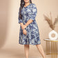 Janasya Gathered Cambric Indigo Floral V-Neck Dress | Swadesiicart