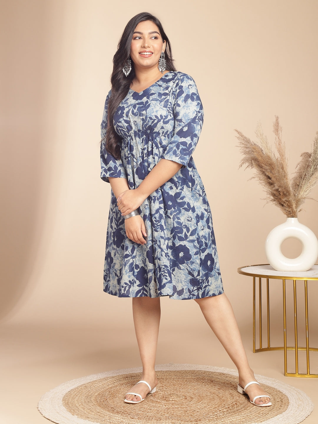 Janasya Gathered Cambric Indigo Floral V-Neck Dress | Swadesiicart