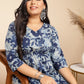 Janasya Gathered Cambric Indigo Floral V-Neck Dress | Swadesiicart