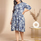 Janasya Gathered Cambric Indigo Floral V-Neck Dress | Swadesiicart