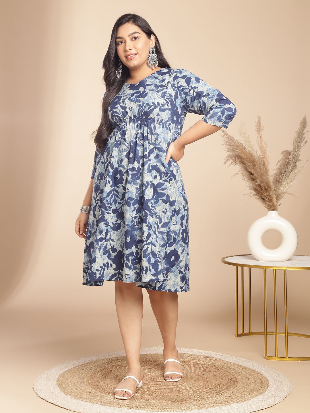 Janasya Gathered Cambric Indigo Floral V-Neck Dress | Swadesiicart