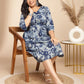 Janasya Gathered Cambric Indigo Floral V-Neck Dress | Swadesiicart