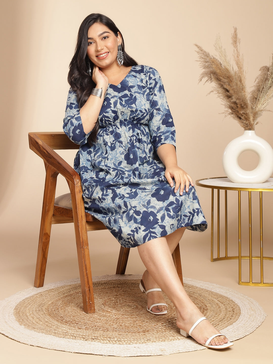 Janasya Gathered Cambric Indigo Floral V-Neck Dress | Swadesiicart