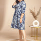 Janasya Gathered Cambric Indigo Floral V-Neck Dress | Swadesiicart