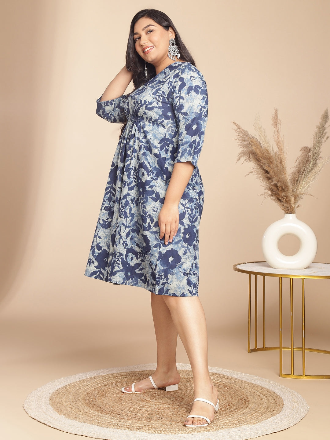 Janasya Gathered Cambric Indigo Floral V-Neck Dress | Swadesiicart