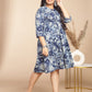 Janasya Gathered Cambric Indigo Floral V-Neck Dress | Swadesiicart