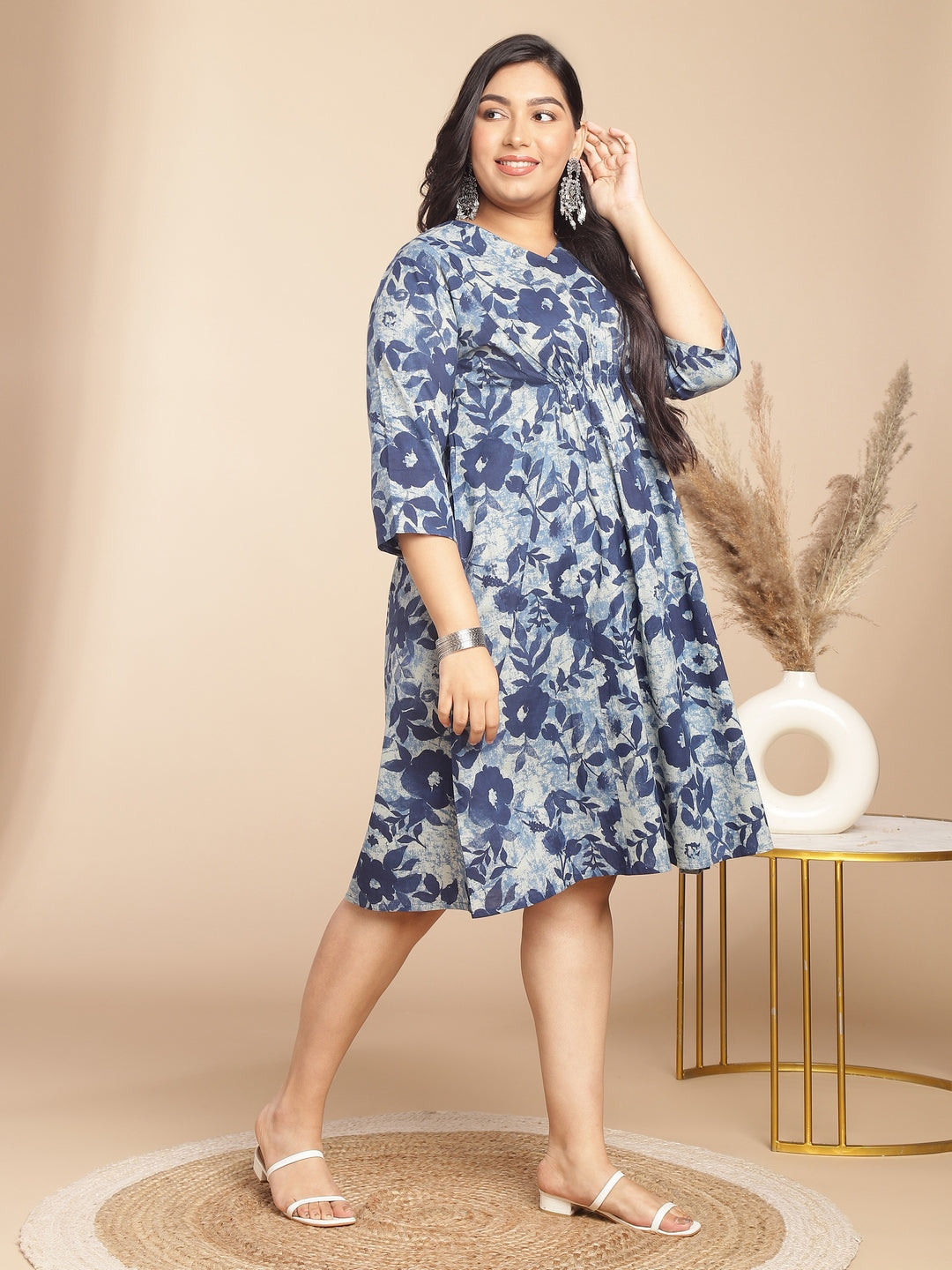Janasya Gathered Cambric Indigo Floral V-Neck Dress | Swadesiicart