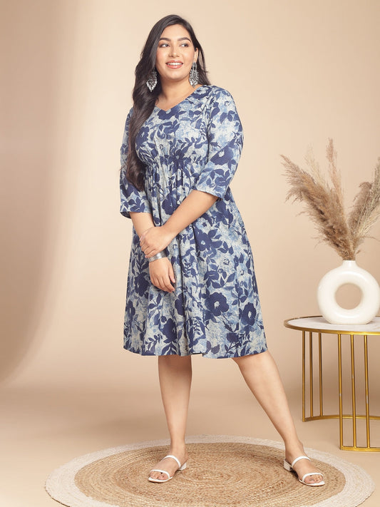 Janasya Gathered Cambric Indigo Floral V-Neck Dress | Swadesiicart