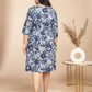 Janasya Gathered Cambric Indigo Floral V-Neck Dress | Swadesiicart