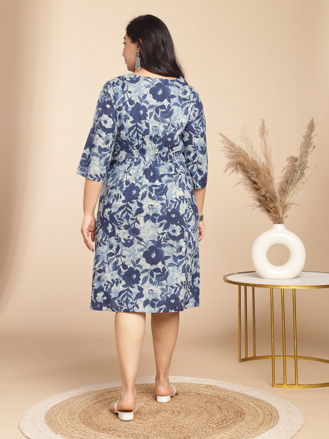 Janasya Gathered Cambric Indigo Floral V-Neck Dress | Swadesiicart