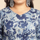 Janasya Gathered Cambric Indigo Floral V-Neck Dress | Swadesiicart