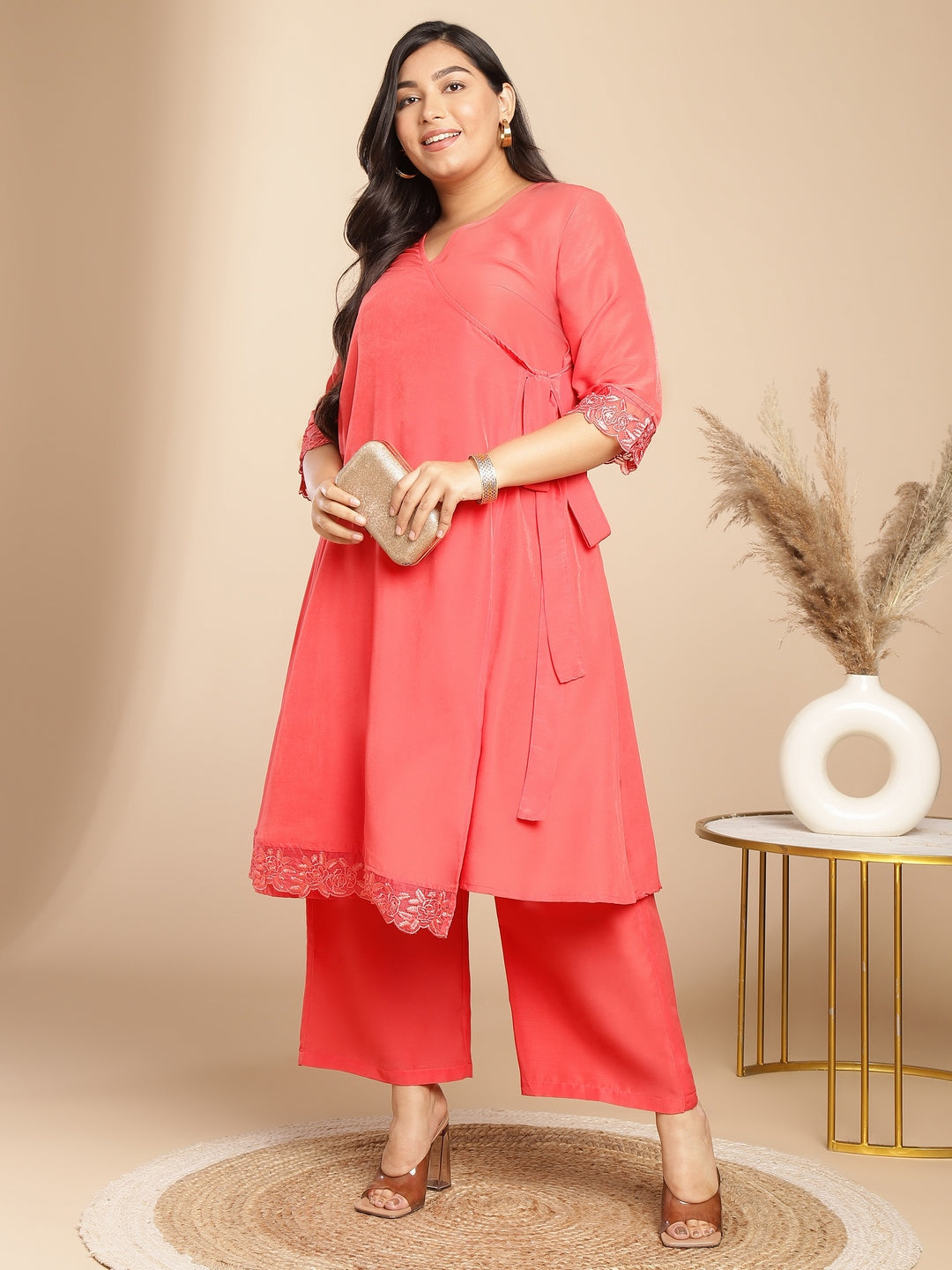 Janasya Angrakha Muslin Peach Solid V-Neck Kurta & Bottom | Swadesiicart