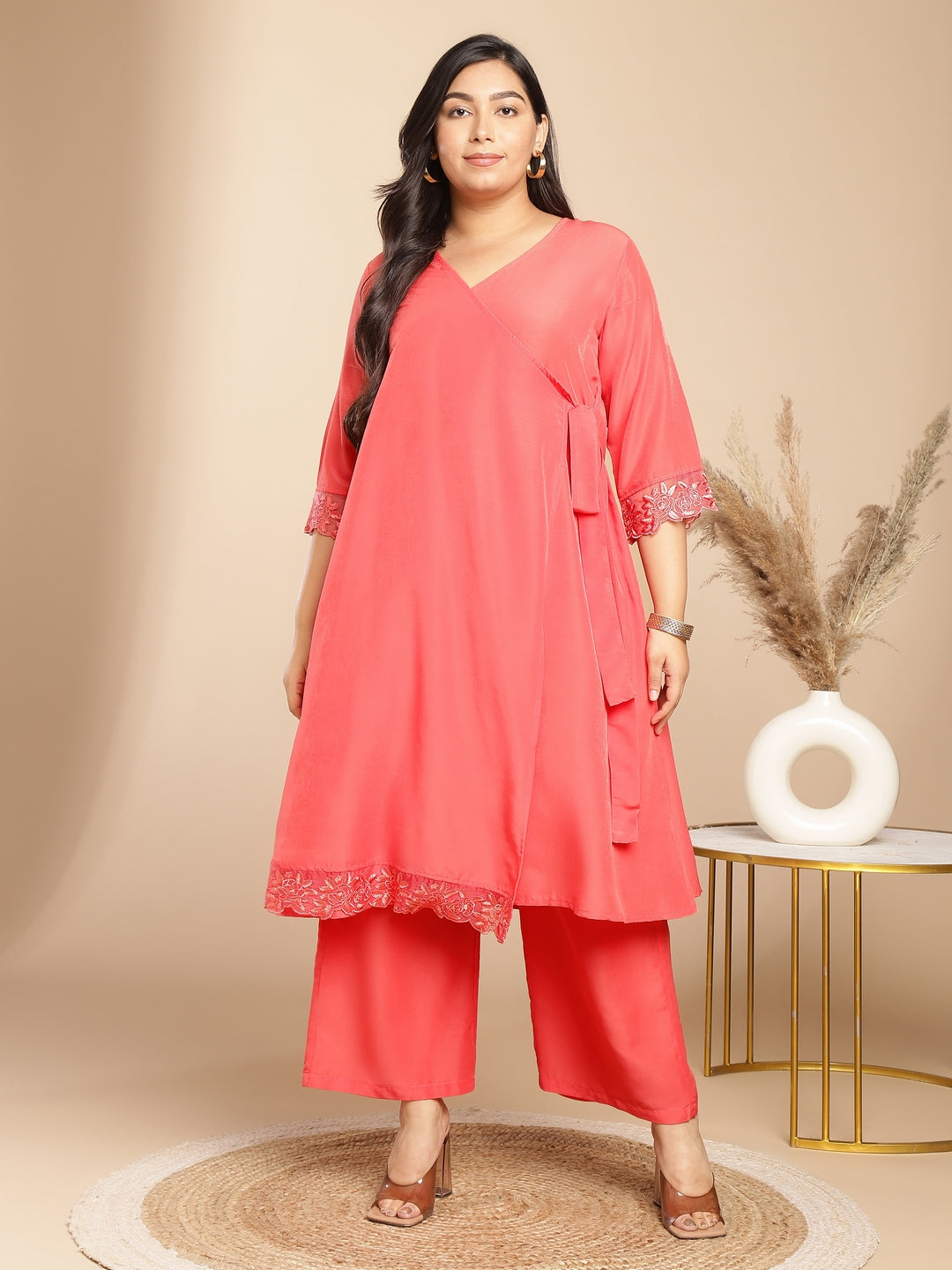 Janasya Angrakha Muslin Peach Solid V-Neck Kurta & Bottom | Swadesiicart