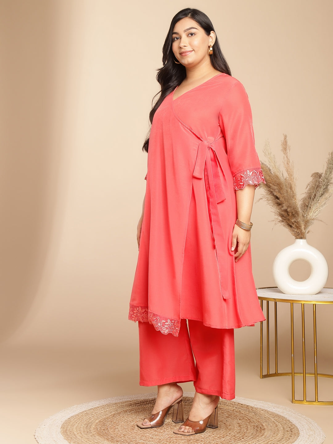 Janasya Angrakha Muslin Peach Solid V-Neck Kurta & Bottom | Swadesiicart
