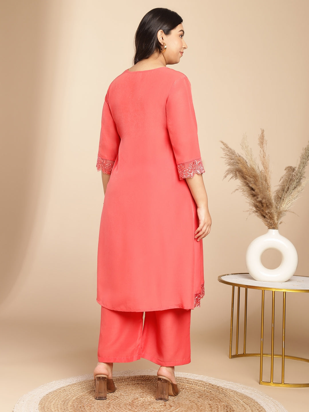 Janasya Angrakha Muslin Peach Solid V-Neck Kurta & Bottom | Swadesiicart