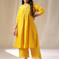 Janasya Pleated Muslin Yellow Solid Band Collar Kurta Set | Swadesiicart