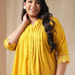 Janasya Pleated Muslin Yellow Solid Band Collar Kurta Set | Swadesiicart