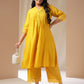 Janasya Pleated Muslin Yellow Solid Band Collar Kurta Set | Swadesiicart