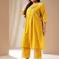 Janasya Pleated Muslin Yellow Solid Band Collar Kurta Set | Swadesiicart